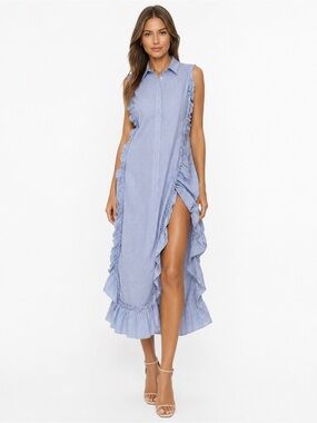 Sleeveless Blue Stripe Ruffle Midi Dress